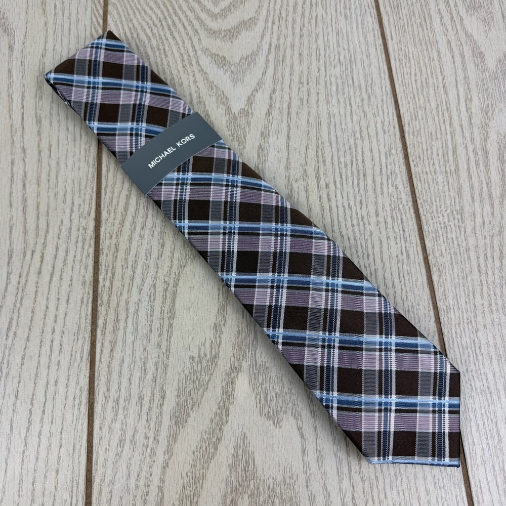 804 Michael Kors Byron Plaid Tie Brown 200 2MKC24-1004 Silk Blend $69.50